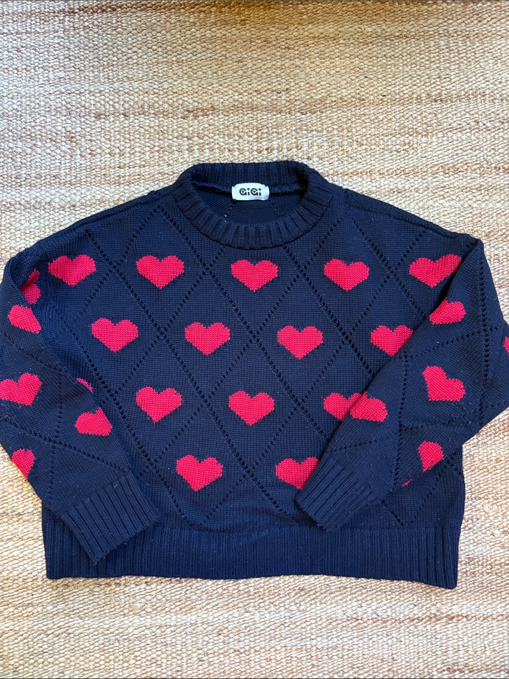 Gigi Navy Crewneck Sweater with Red Heart Motif - Women's
